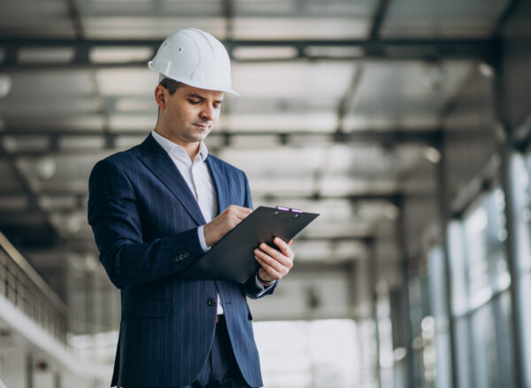 Handsome business man engineer in hard hat in a building